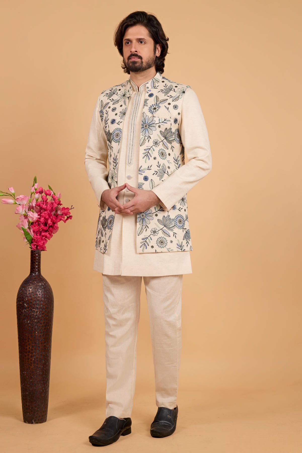Cream Colour Khadi Art Silk Pintux Work Kurta Pajama With Jacket