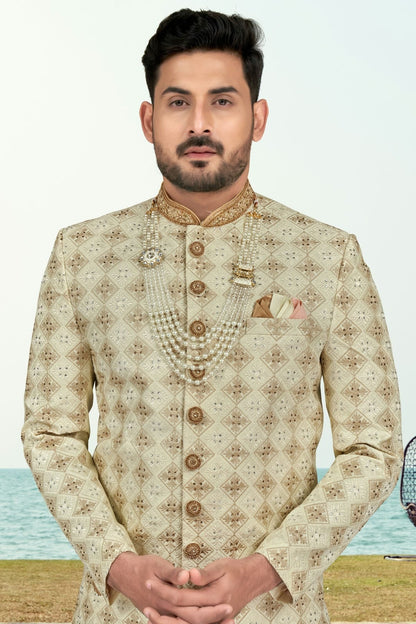 Cream Colour Kora Shine Silk Indo Western Sherwani SH1040509 A