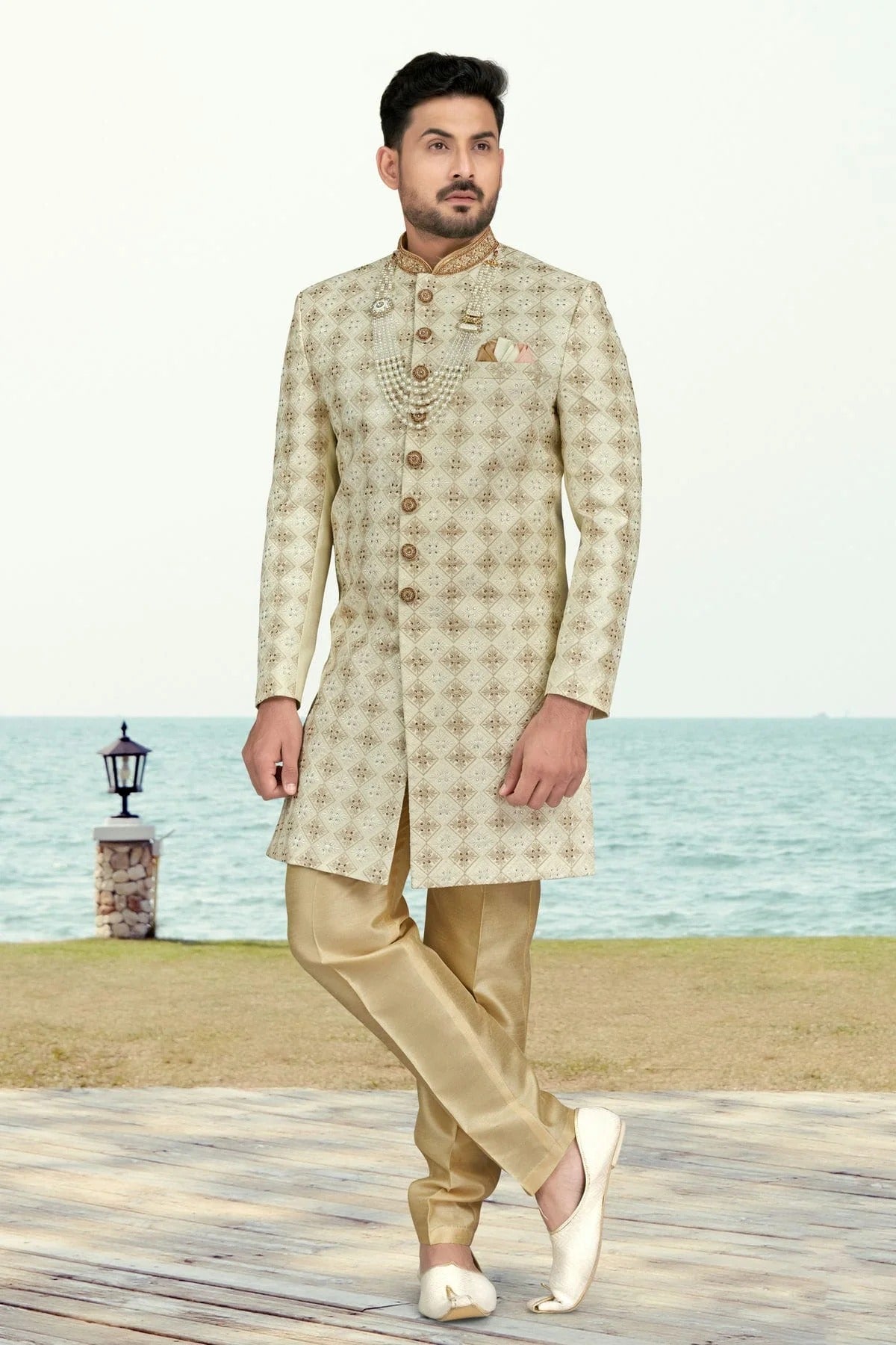 Cream Colour Kora Shine Silk Indo Western Sherwani SH1040509