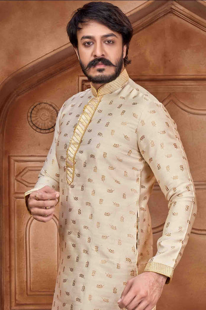 Cream Colour Kurta Pajama In Jacquard Silk KP1210059 A