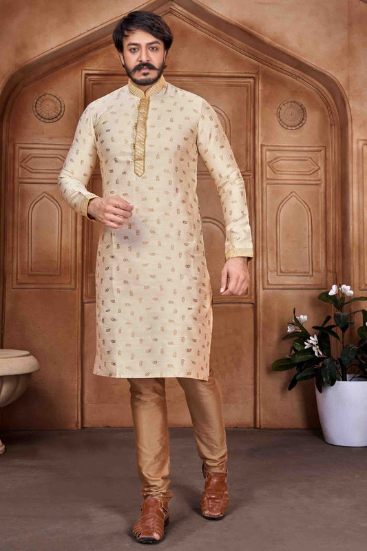 Cream Colour Kurta Pajama In Jacquard Silk KP1210059