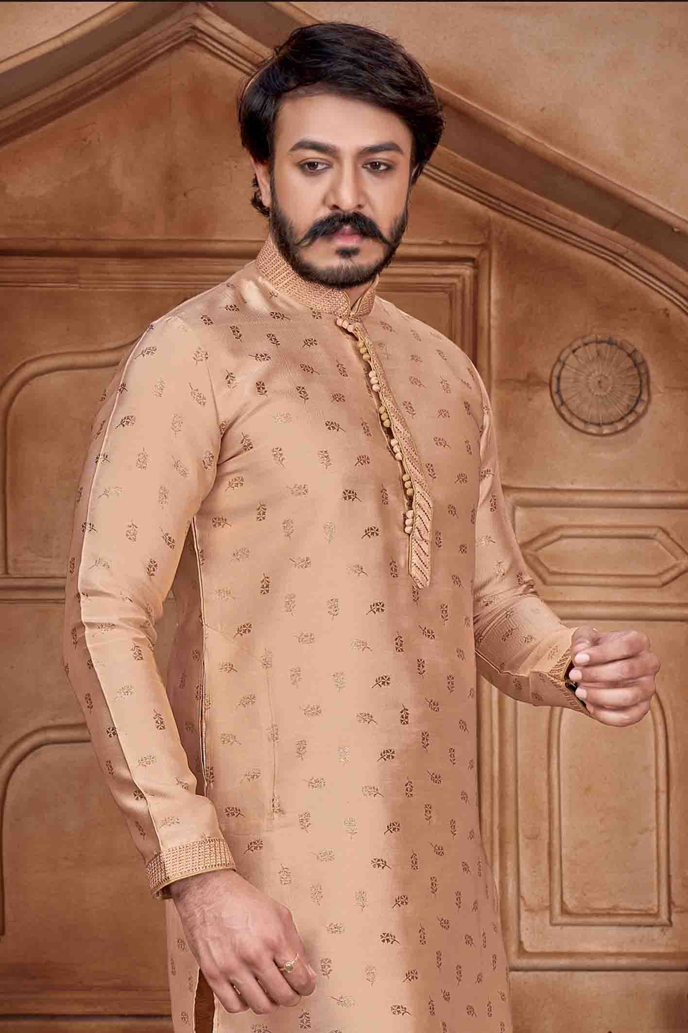 Cream Colour Kurta Pajama In Jacquard Silk KP1210063 A