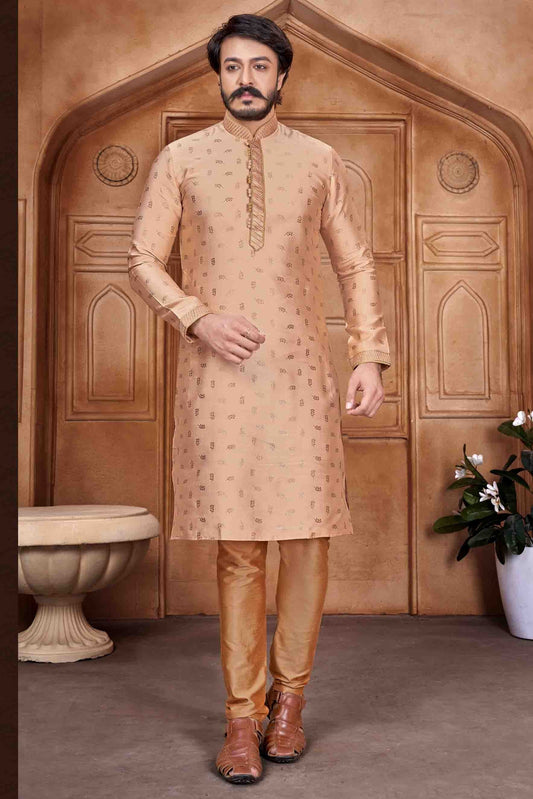 Cream Colour Kurta Pajama In Jacquard Silk KP1210063