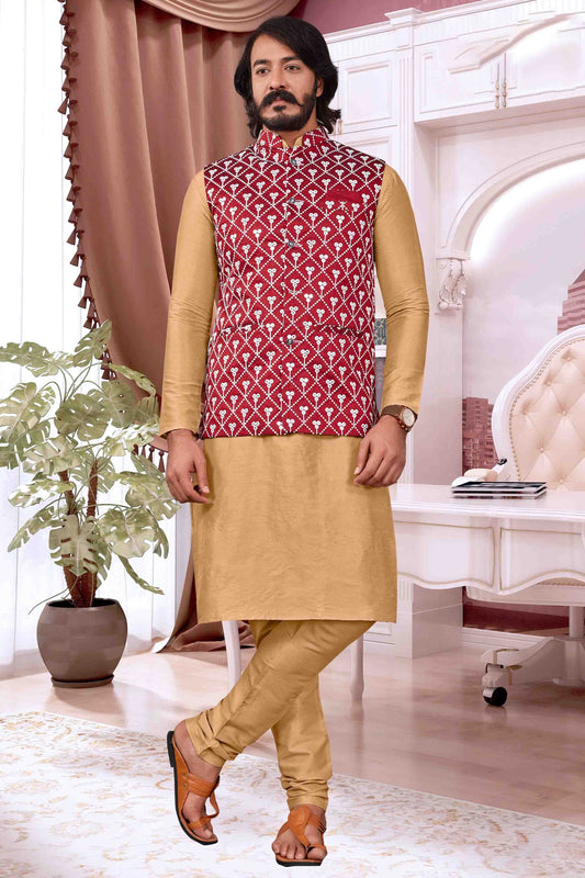 Cream Colour Kurta Pajama With Jacket In Art Silk KP1210370