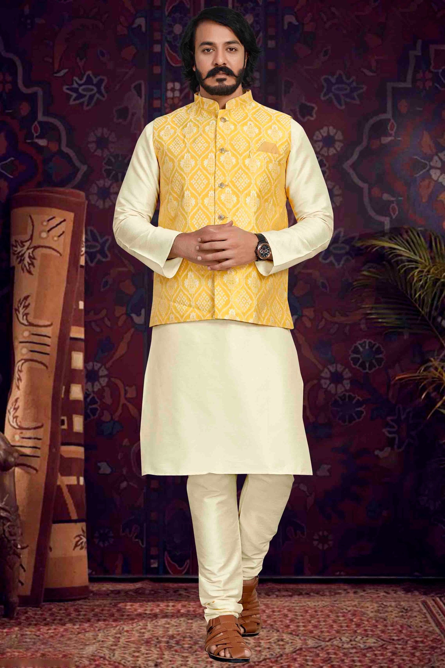 Cream Colour Kurta Pajama With Jacket In Art Silk KP1210493