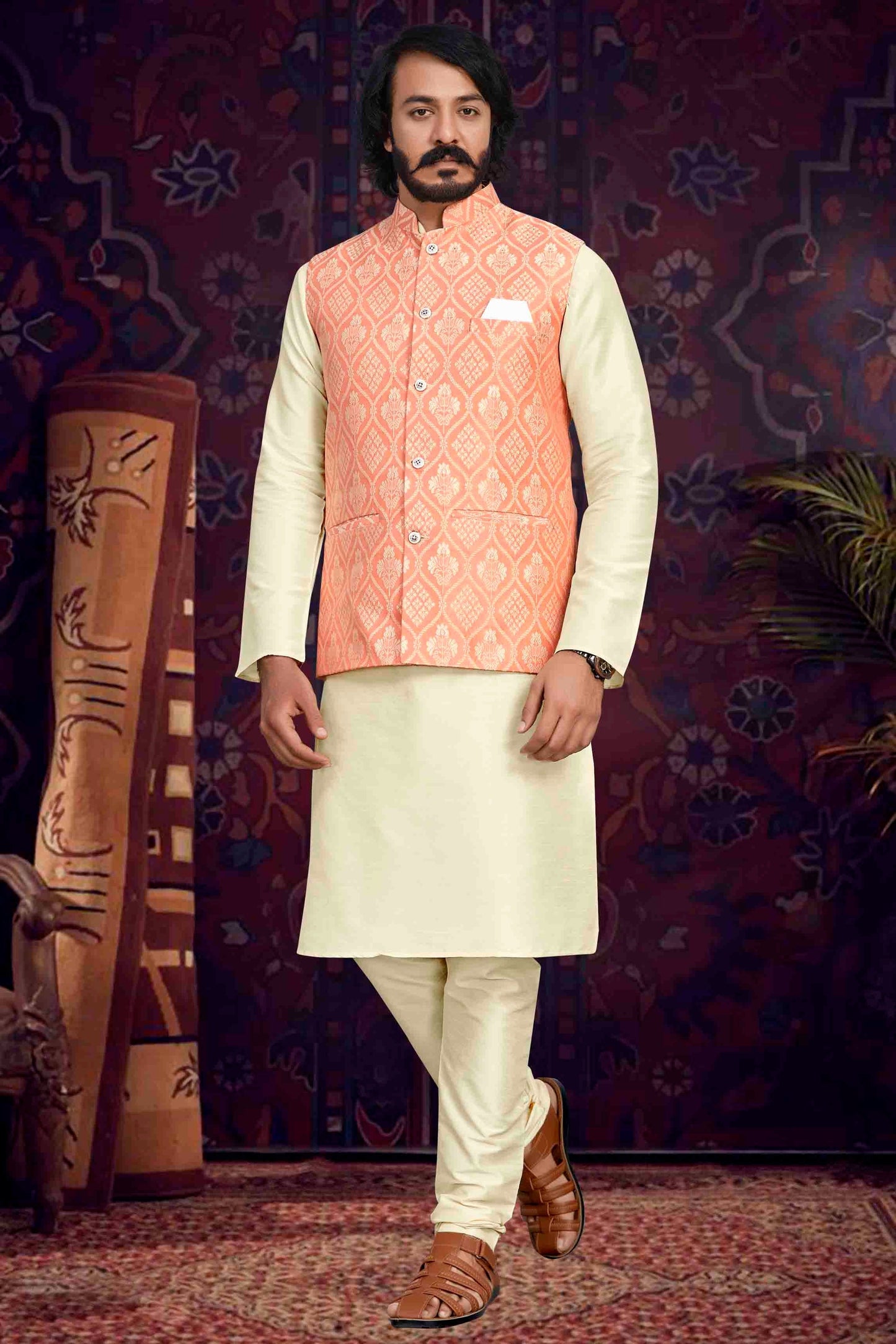 Cream Colour Kurta Pajama With Jacket In Art Silk KP1210494
