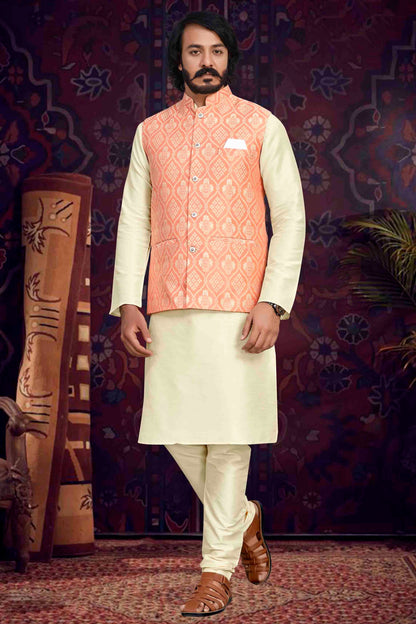 Cream Colour Kurta Pajama With Jacket In Art Silk KP1210494