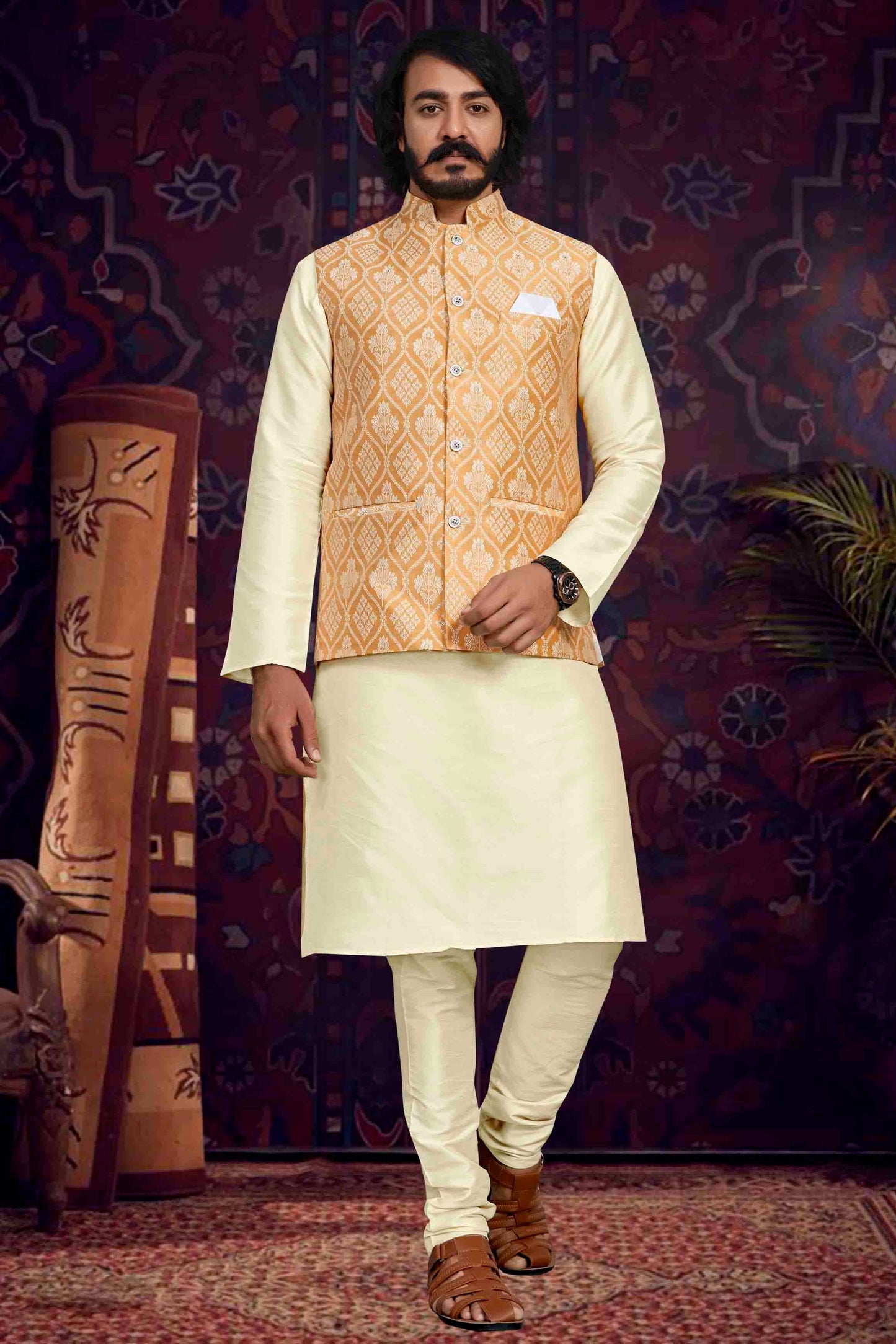 Cream Colour Kurta Pajama With Jacket In Art Silk KP1210495