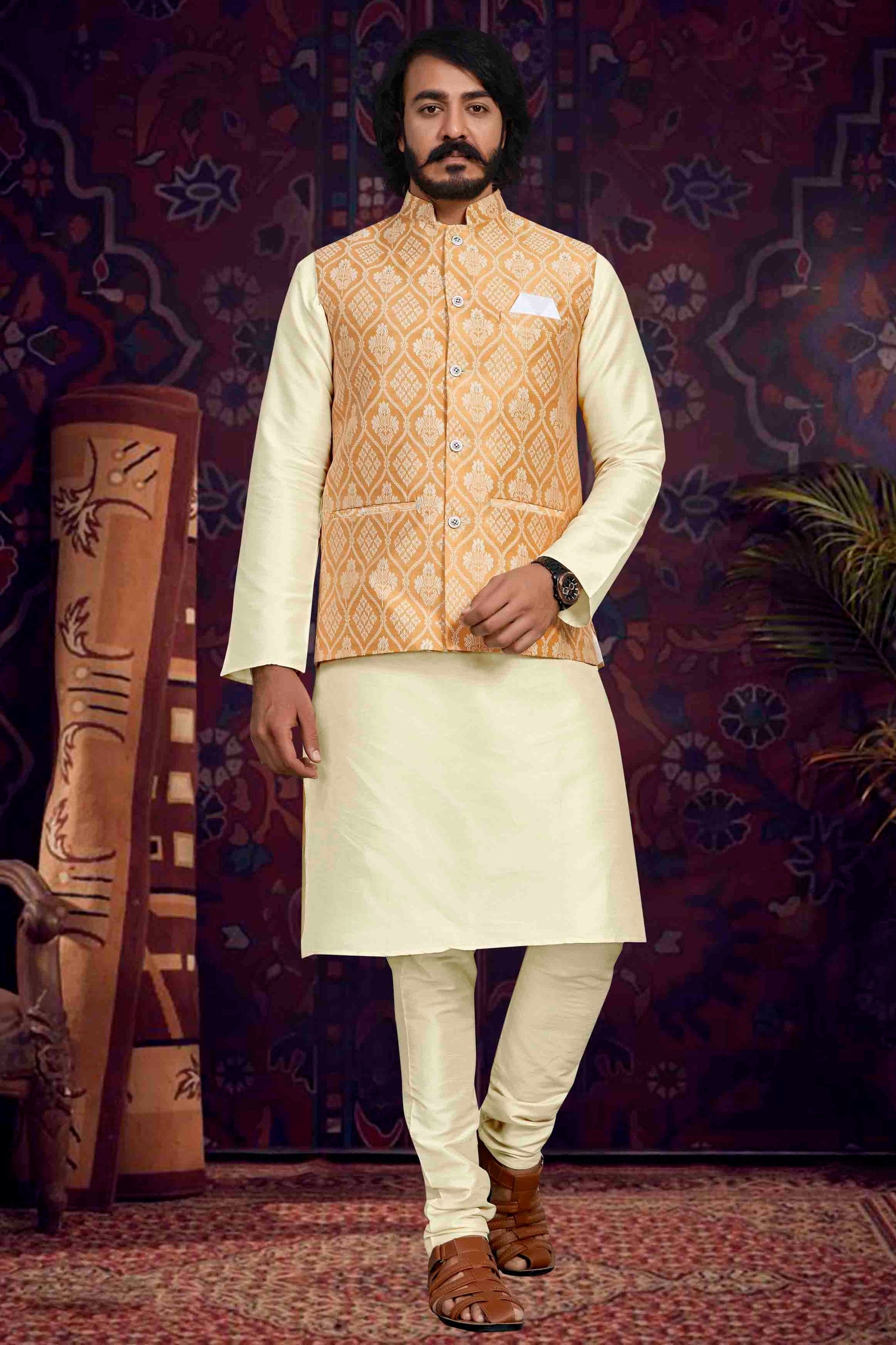 Cream Colour Kurta Pajama With Jacket In Art Silk KP1210495