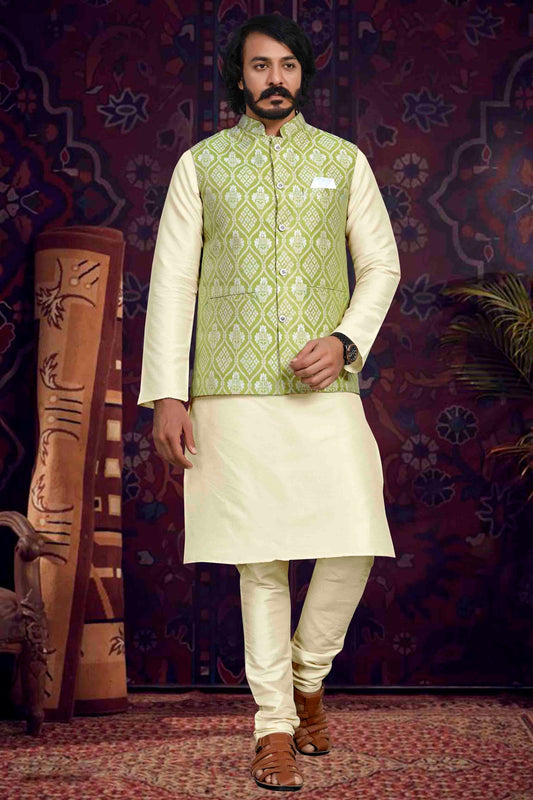 Cream Colour Kurta Pajama With Jacket In Art Silk KP1210496