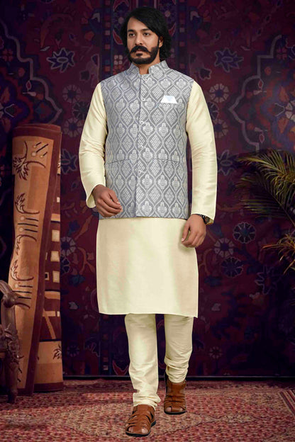 Cream Colour Kurta Pajama With Jacket In Art Silk KP1210497