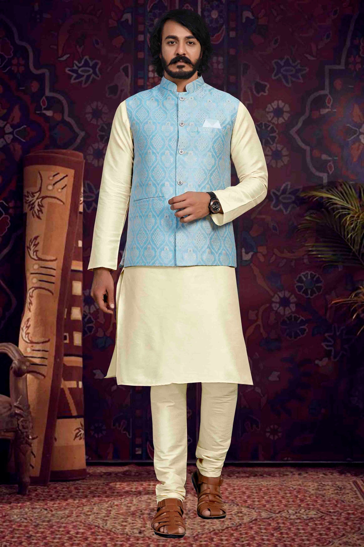 Cream Colour Kurta Pajama With Jacket In Art Silk KP1210498