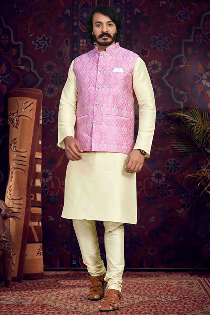 Cream Colour Kurta Pajama With Jacket In Art Silk KP1210499