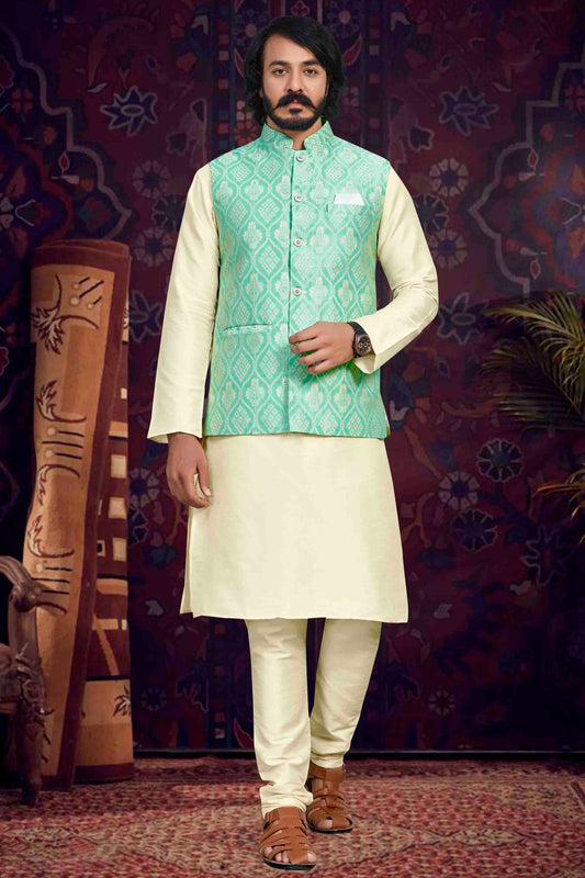 Cream Colour Kurta Pajama With Jacket In Art Silk KP1210501