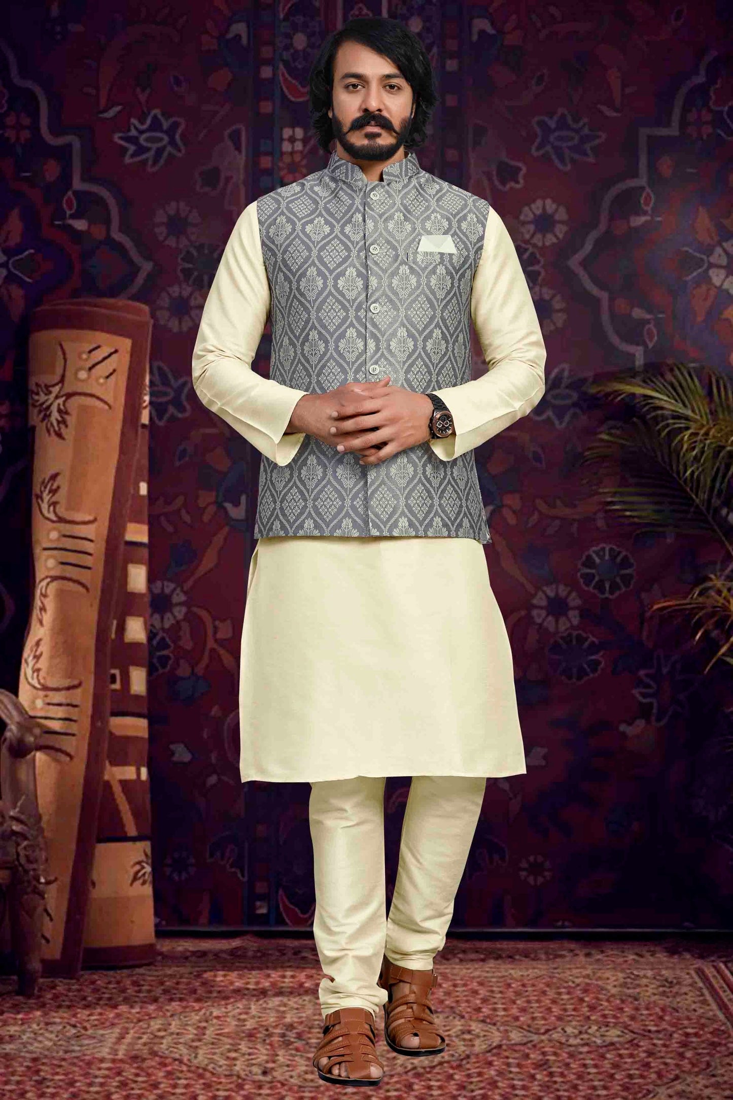 Cream Colour Kurta Pajama With Jacket In Art Silk KP1210502