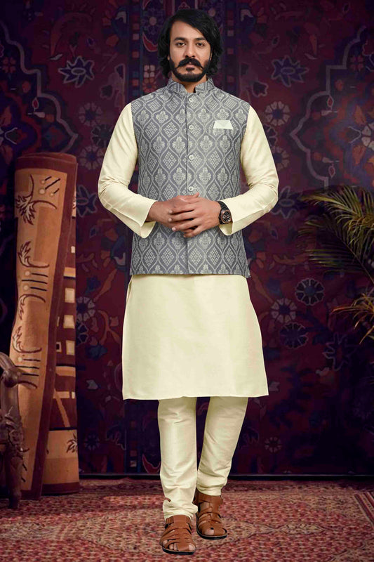 Cream Colour Kurta Pajama With Jacket In Art Silk KP1210502