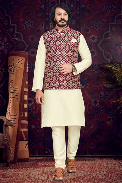 Cream Colour Kurta Pajama With Jacket In Art Silk KP1210504