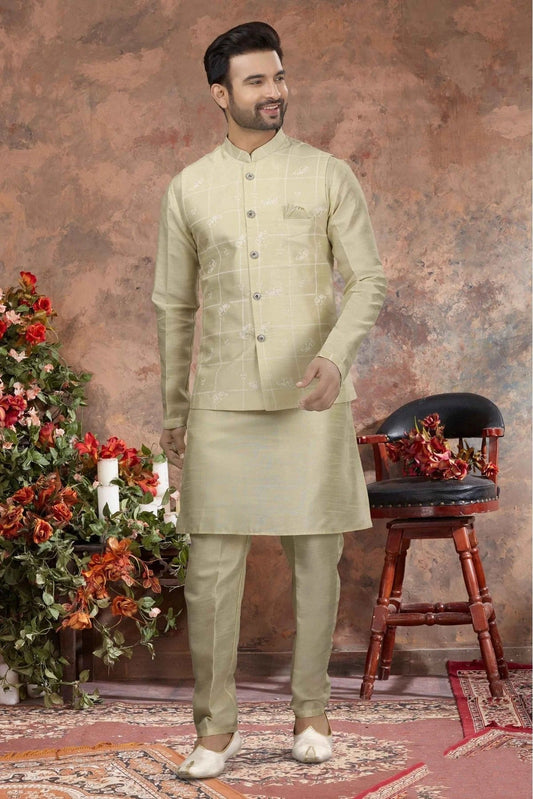 Cream Colour Kurta Pajama With Jacket In Silk Dupion Fabric KP1040188