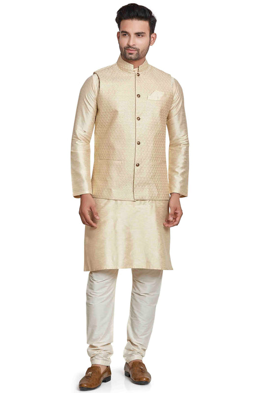 Cream Colour Kurta Pajama With Jacket In Silk KP1210447