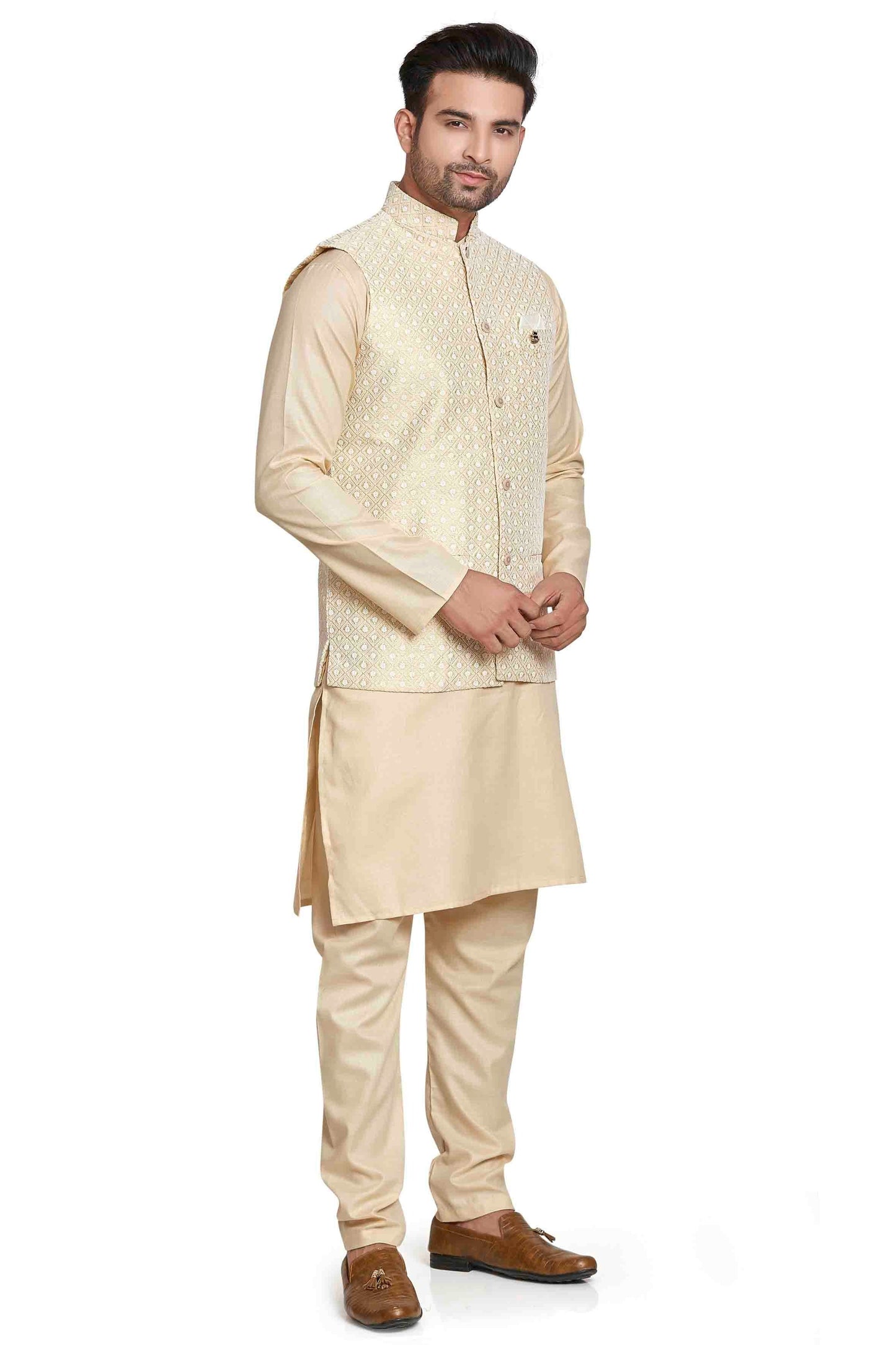 Cream Colour Kurta Pajama With Jacket In Silk KP1210449 A