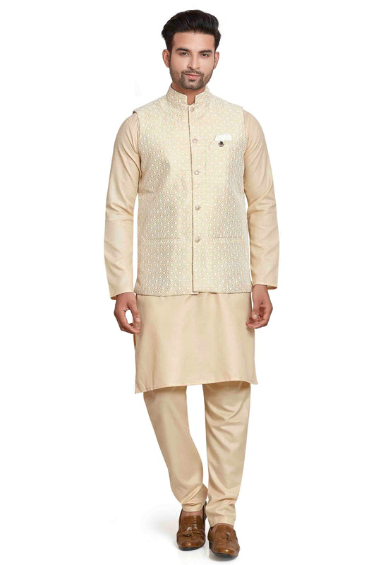Cream Colour Kurta Pajama With Jacket In Silk KP1210449