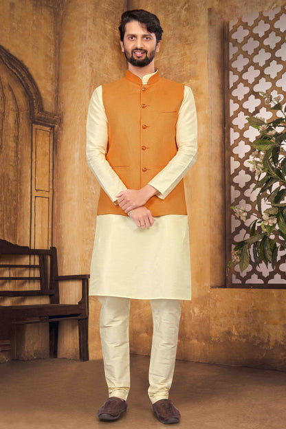 Cream Colour Kurta Pajama With Jacket In Silk KP1210450 A