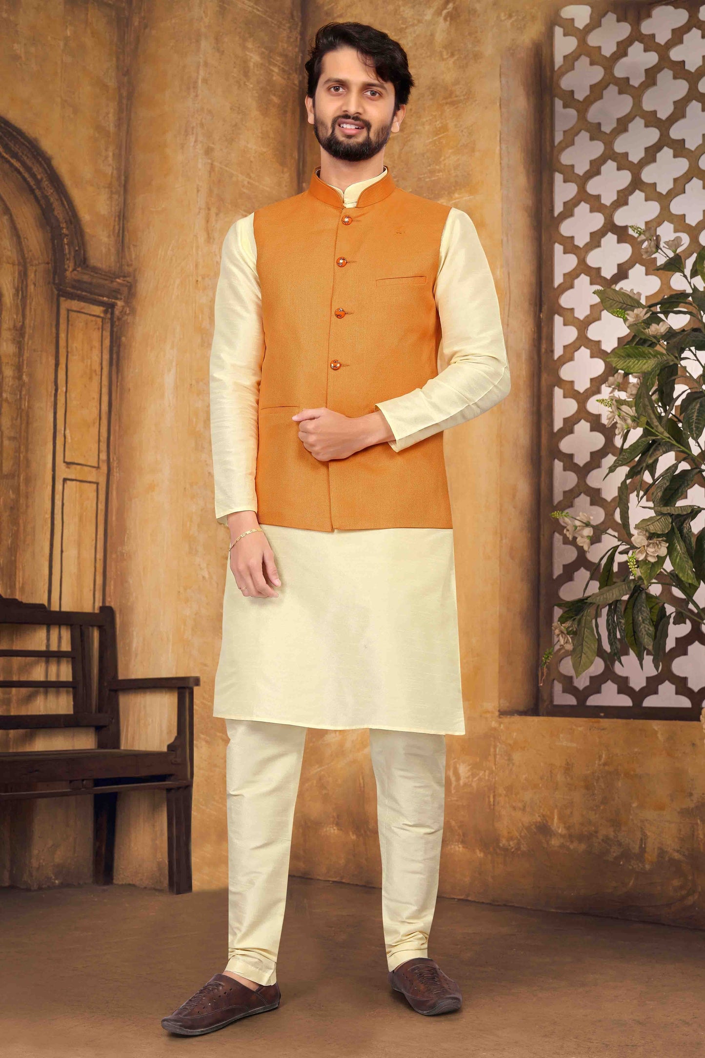 Cream Colour Kurta Pajama With Jacket In Silk KP1210450