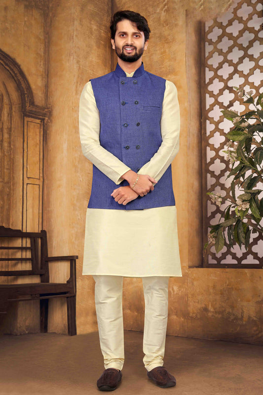 Cream Colour Kurta Pajama With Jacket In Silk KP1210451