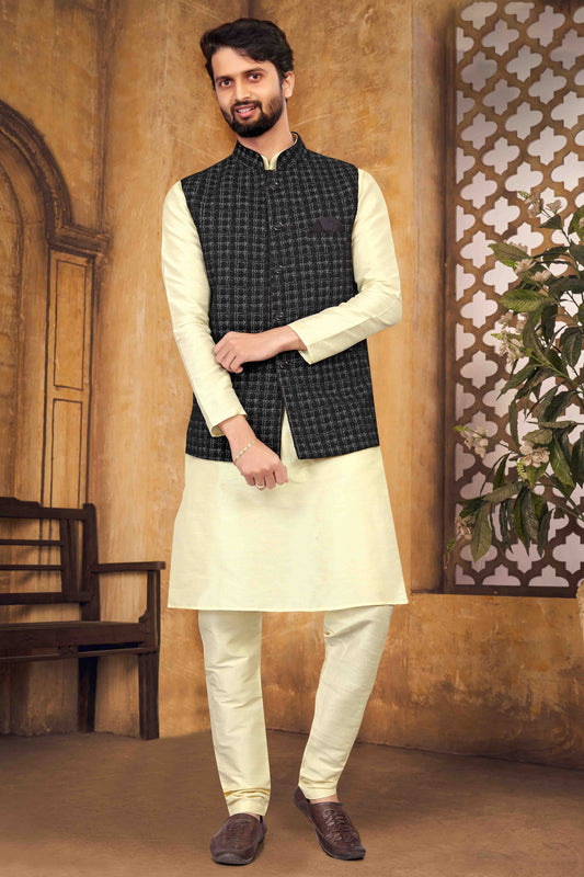 Cream Colour Kurta Pajama With Jacket In Silk KP1210452
