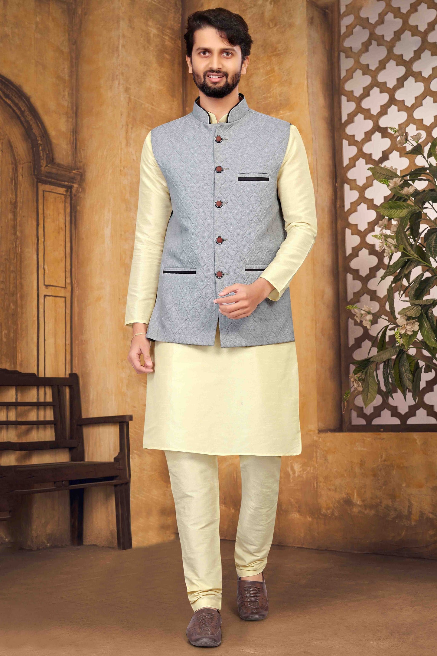 Cream Colour Kurta Pajama With Jacket In Silk KP1210453 A