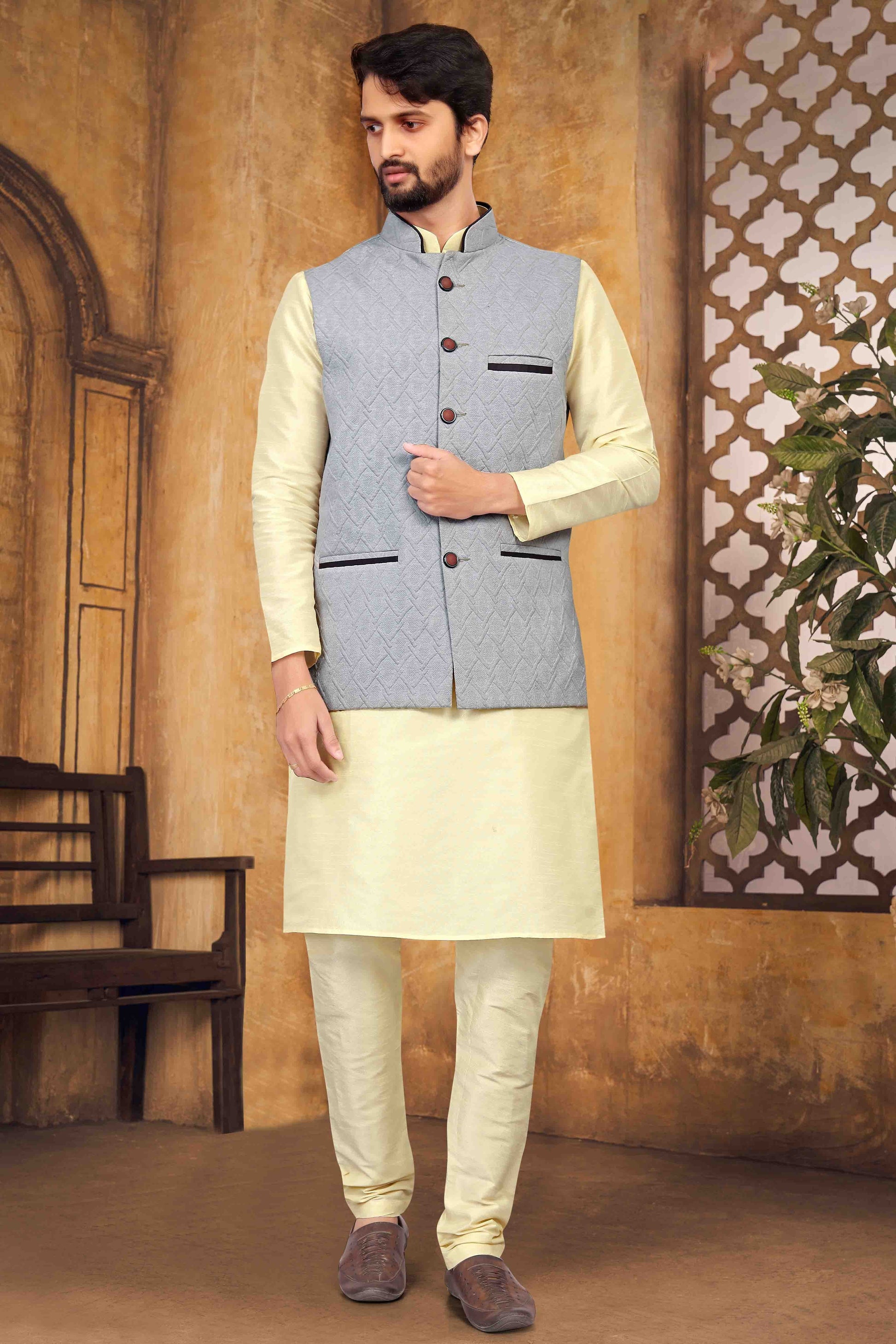 Cream Colour Kurta Pajama With Jacket In Silk KP1210453