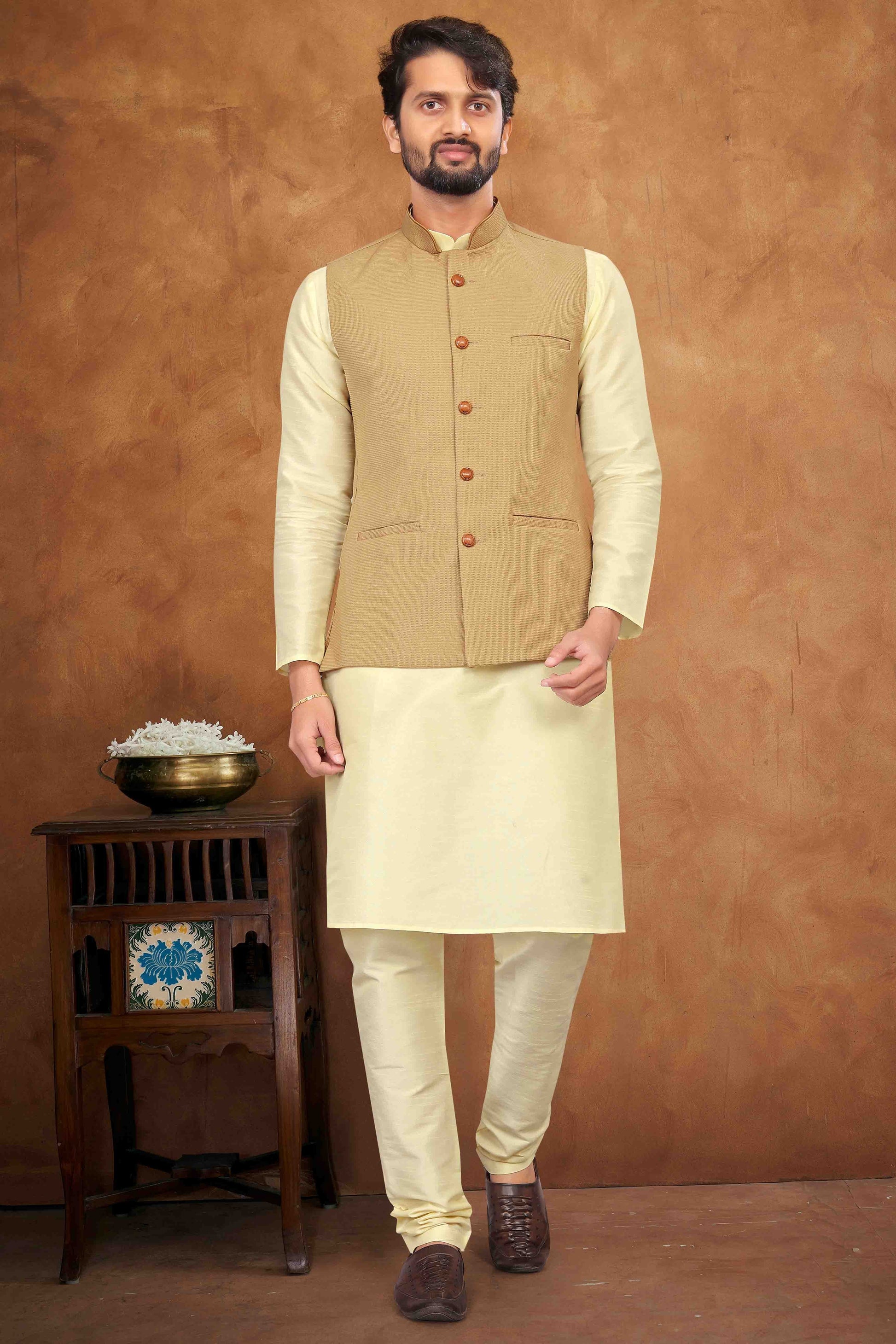 Cream Colour Kurta Pajama With Jacket In Silk KP1210454 A