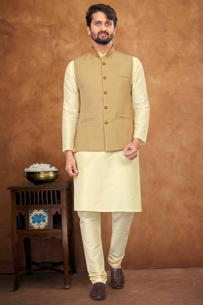 Cream Colour Kurta Pajama With Jacket In Silk KP1210454 A