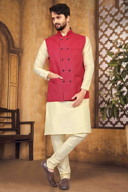 Cream Colour Kurta Pajama With Jacket In Silk KP1210455 A