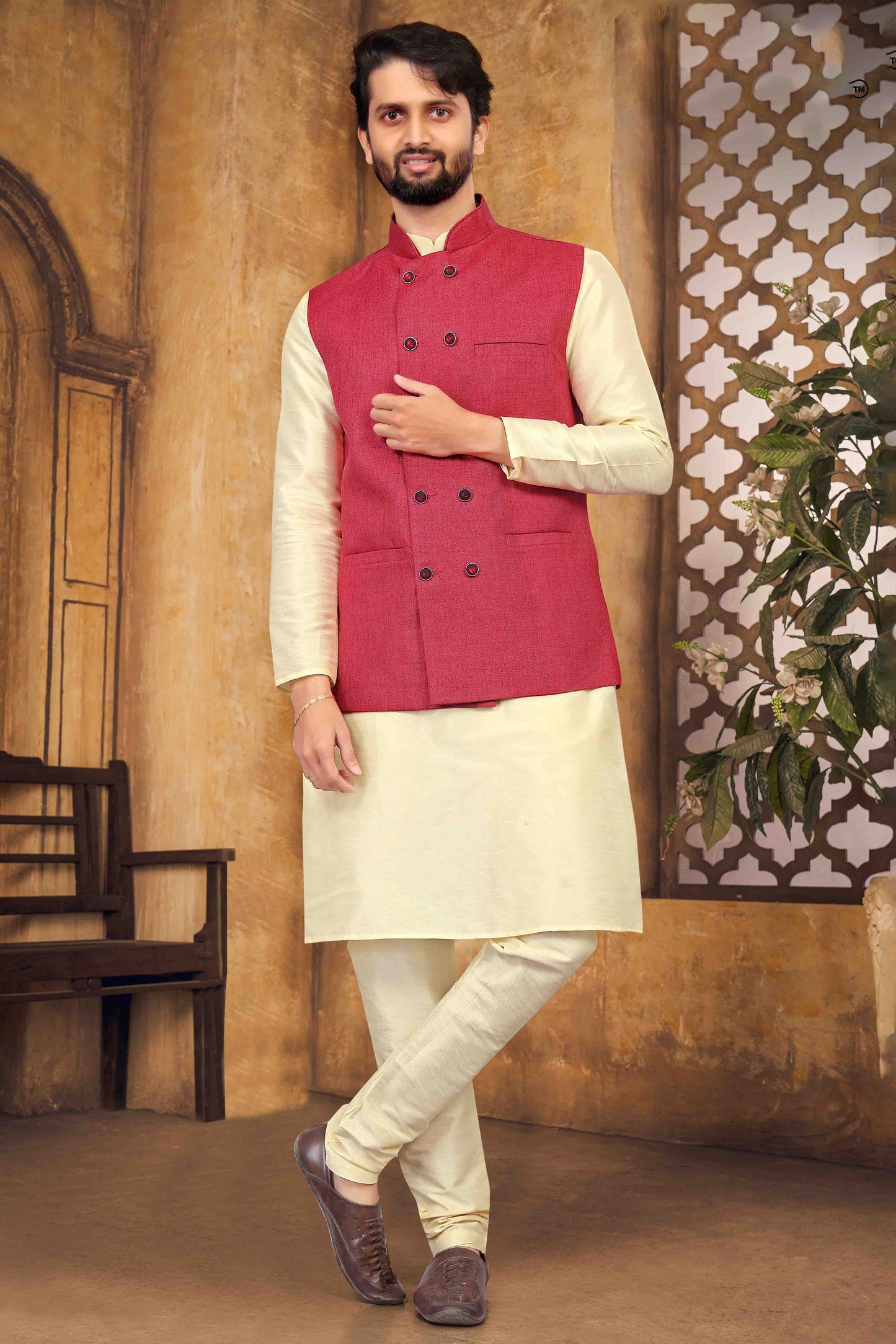 Cream Colour Kurta Pajama With Jacket In Silk KP1210455