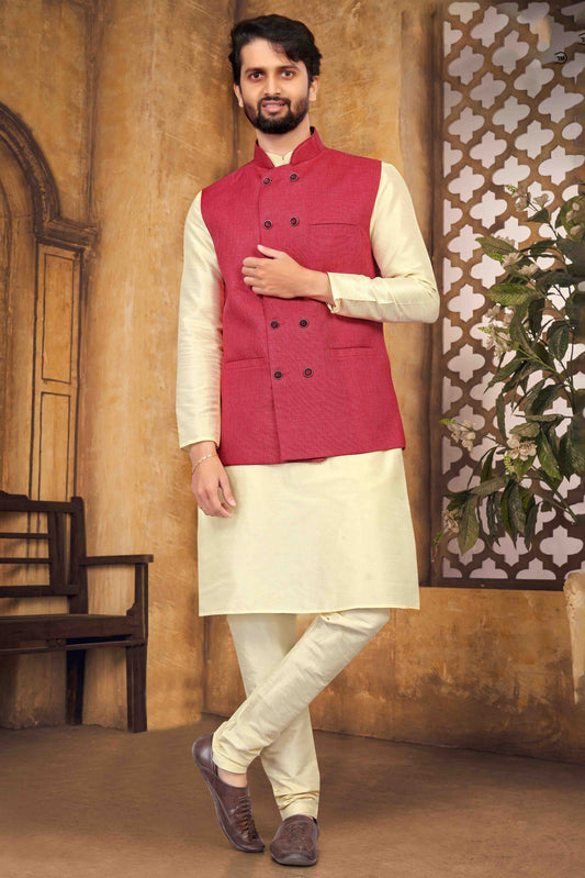 Cream Colour Kurta Pajama With Jacket In Silk KP1210455