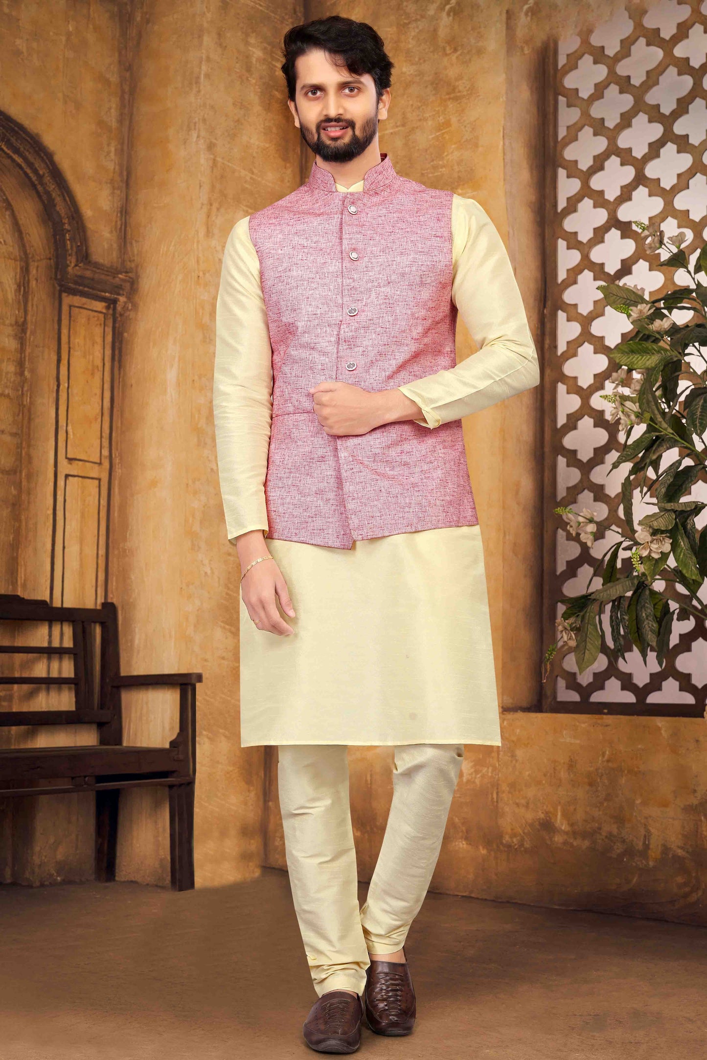 Cream Colour Kurta Pajama With Jacket In Silk KP1210456 A