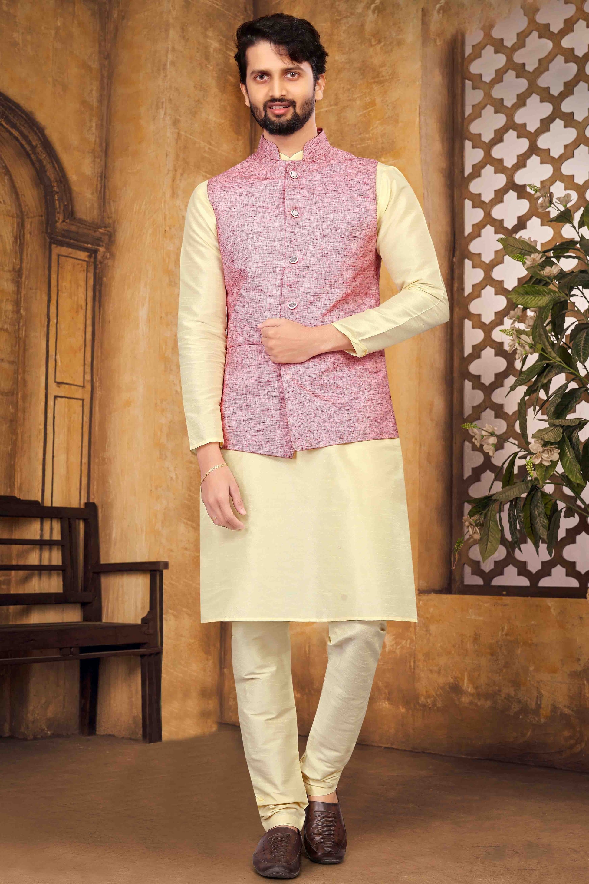Cream Colour Kurta Pajama With Jacket In Silk KP1210456 A