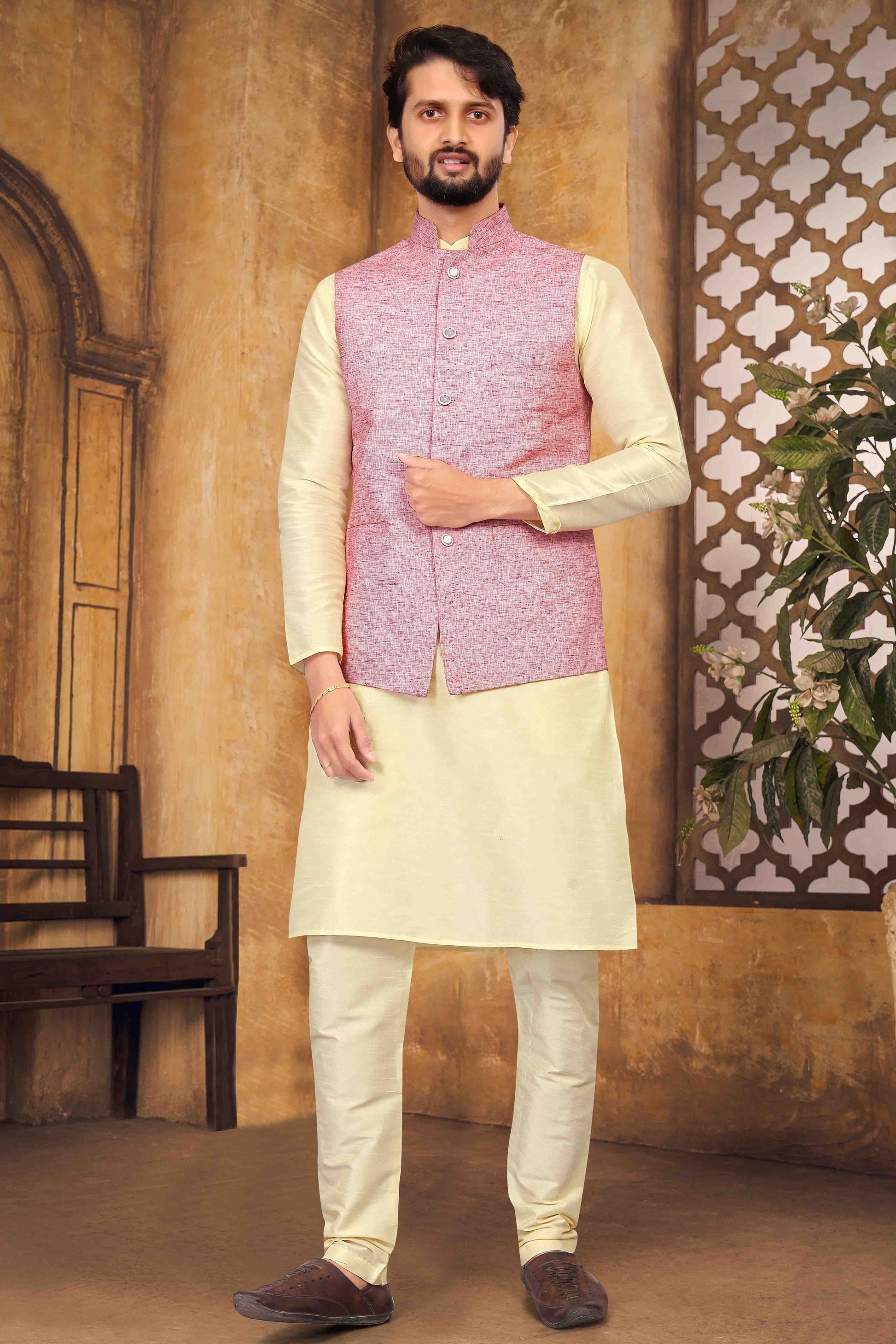 Cream Colour Kurta Pajama With Jacket In Silk KP1210456