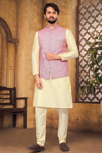 Cream Colour Kurta Pajama With Jacket In Silk KP1210456