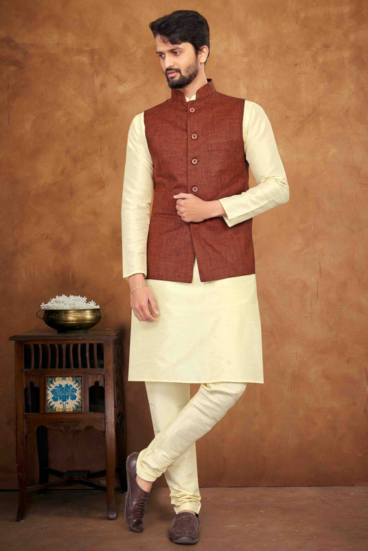 Cream Colour Kurta Pajama With Jacket In Silk KP1210457