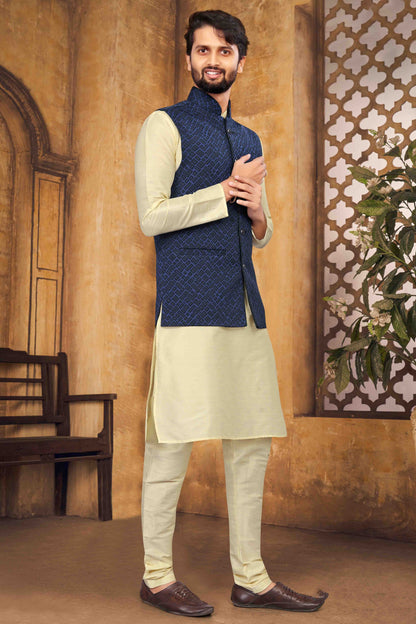 Cream Colour Kurta Pajama With Jacket In Silk KP1210458 A