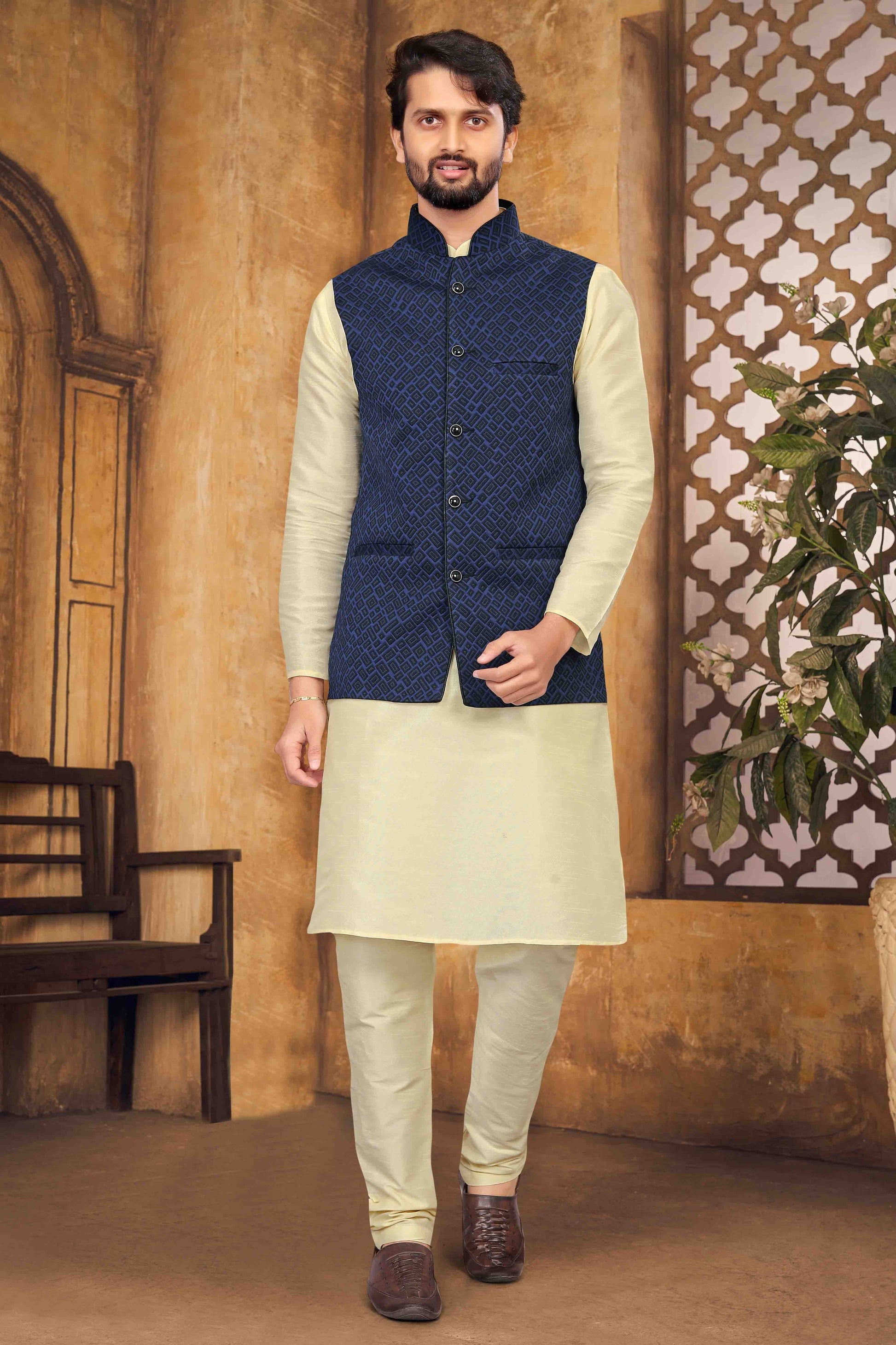 Cream Colour Kurta Pajama With Jacket In Silk KP1210458