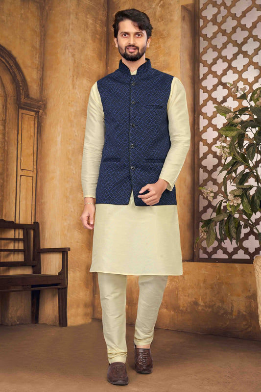 Cream Colour Kurta Pajama With Jacket In Silk KP1210458