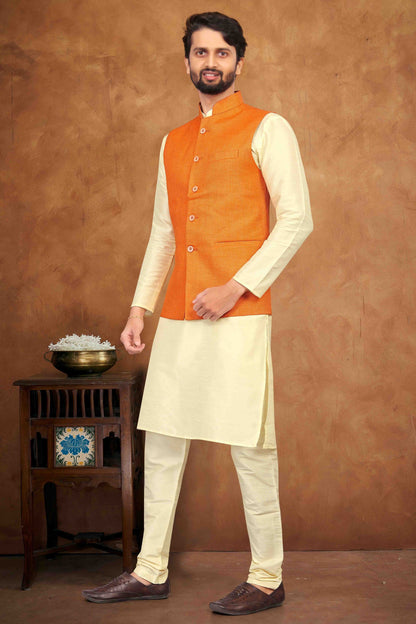 Cream Colour Kurta Pajama With Jacket In Silk KP1210459 A