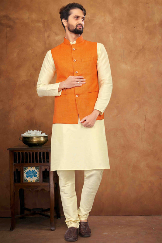 Cream Colour Kurta Pajama With Jacket In Silk KP1210459