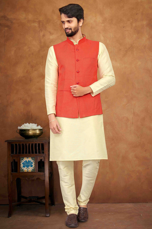 Cream Colour Kurta Pajama With Jacket In Silk KP1210460