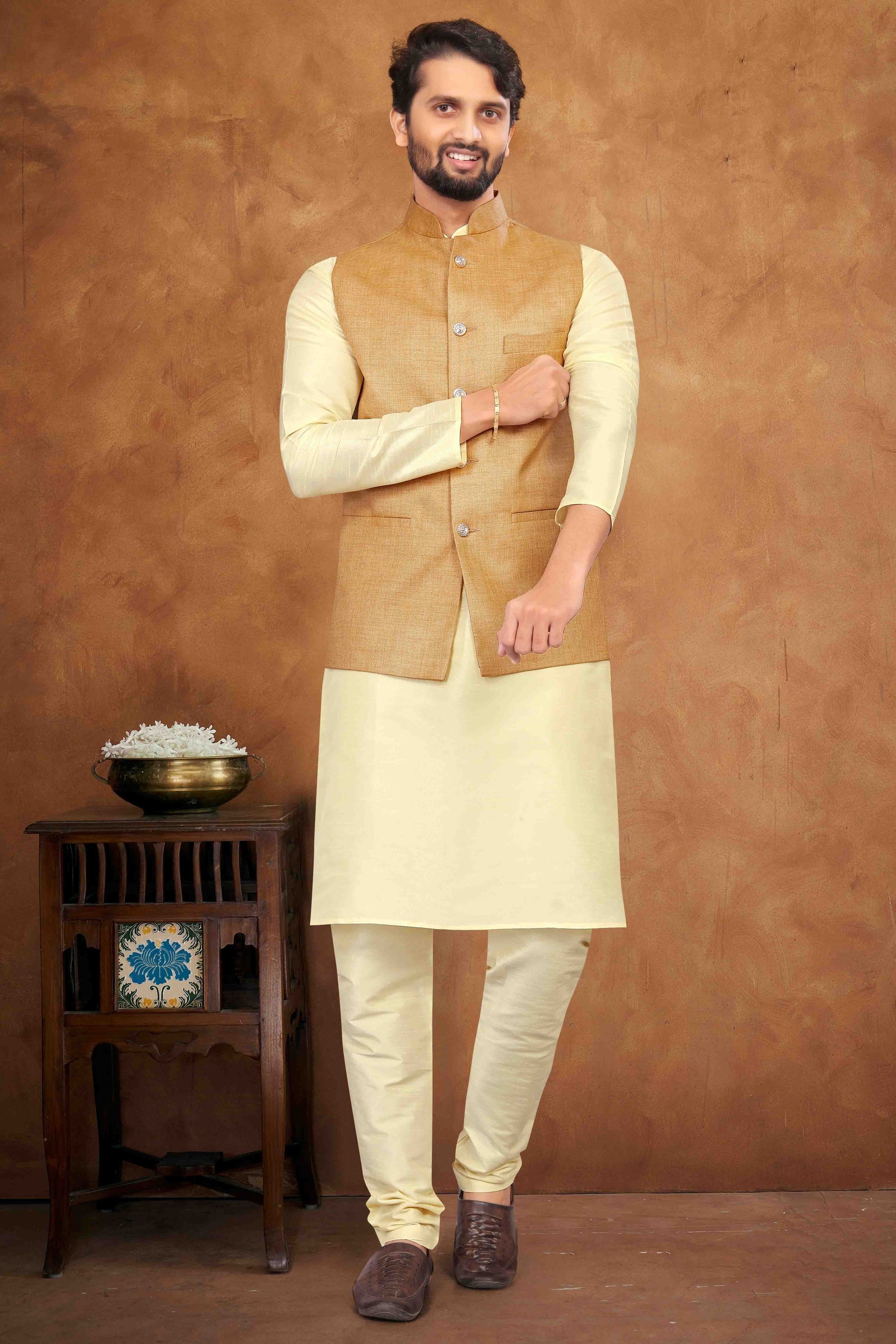 Cream Colour Kurta Pajama With Jacket In Silk KP1210461 A