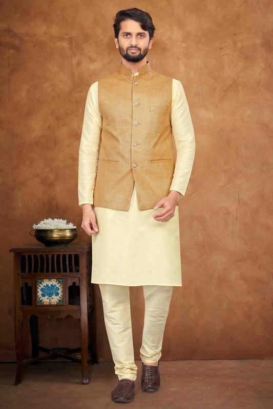 Cream Colour Kurta Pajama With Jacket In Silk KP1210461