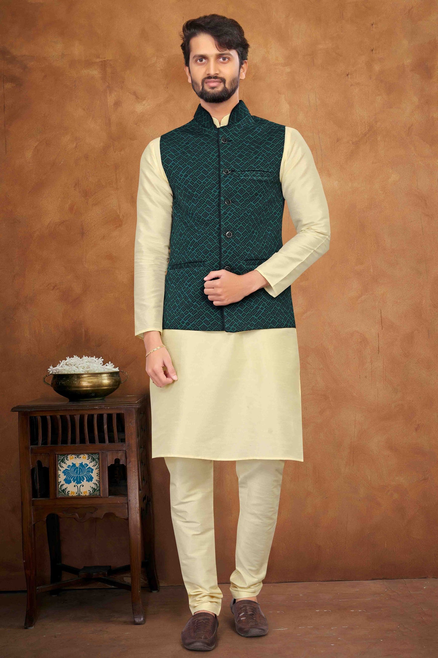 Cream Colour Kurta Pajama With Jacket In Silk KP1210462